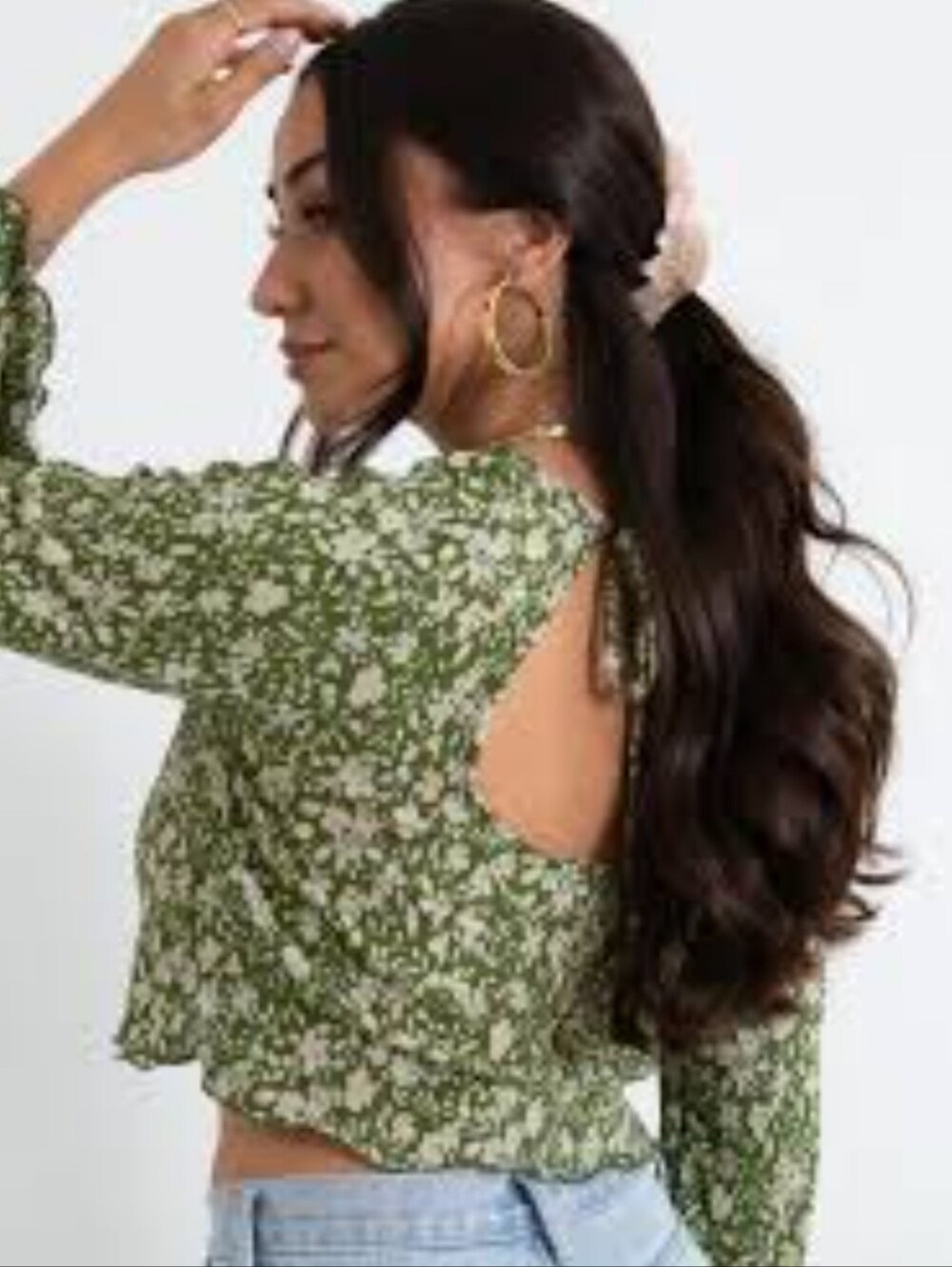 Le Lis Green Floral Tie-Back Long Sleeve Crop Top